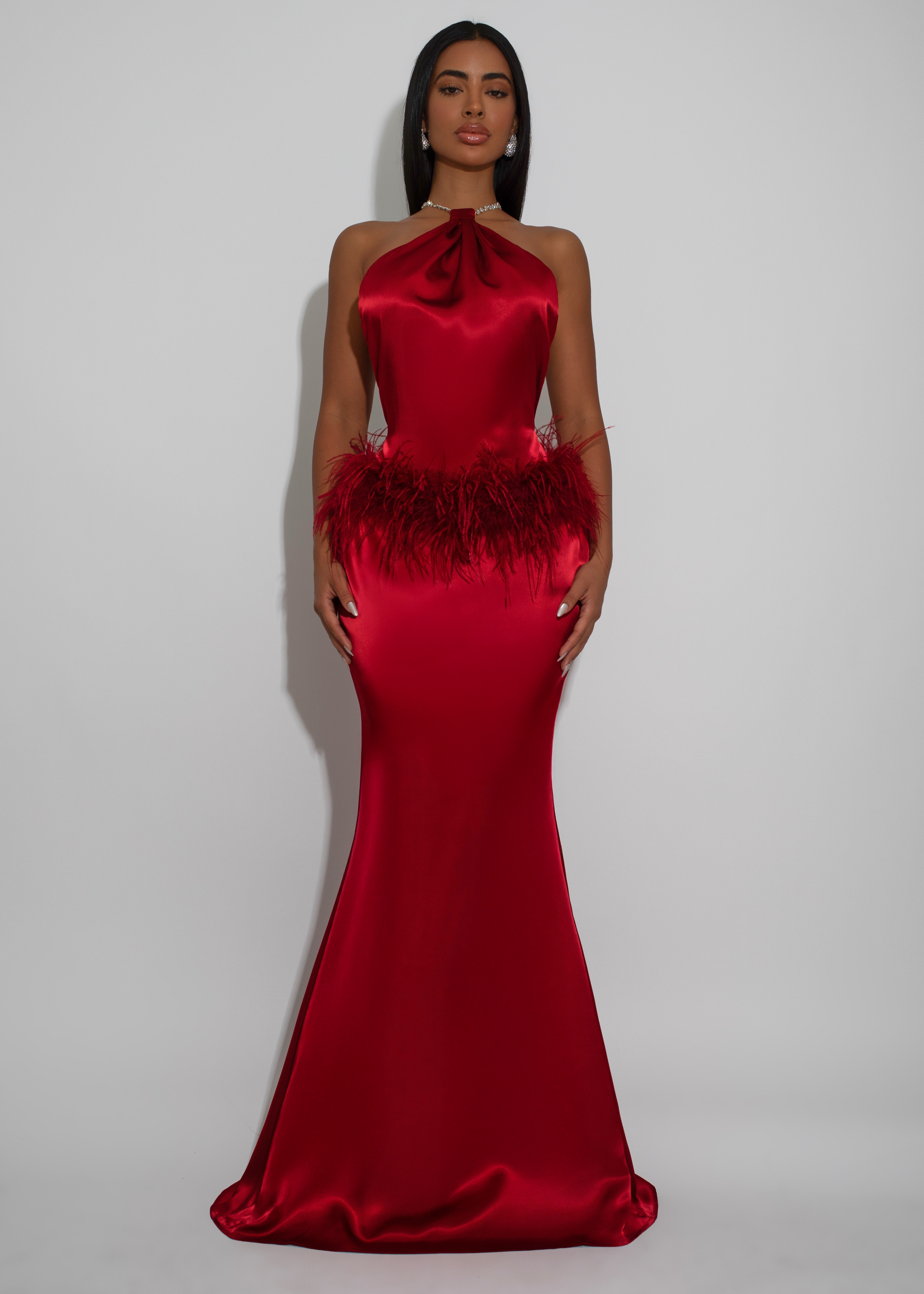 Moonlit Reverie Satin Rhinestone Maxi Dress Red