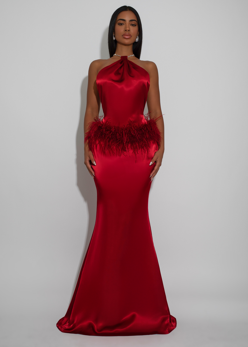 Moonlit Reverie Satin Rhinestone Maxi Dress Red