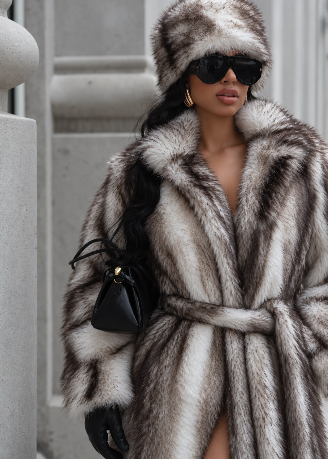 White faux fur hat styled with the matching Luxe Instinct coat