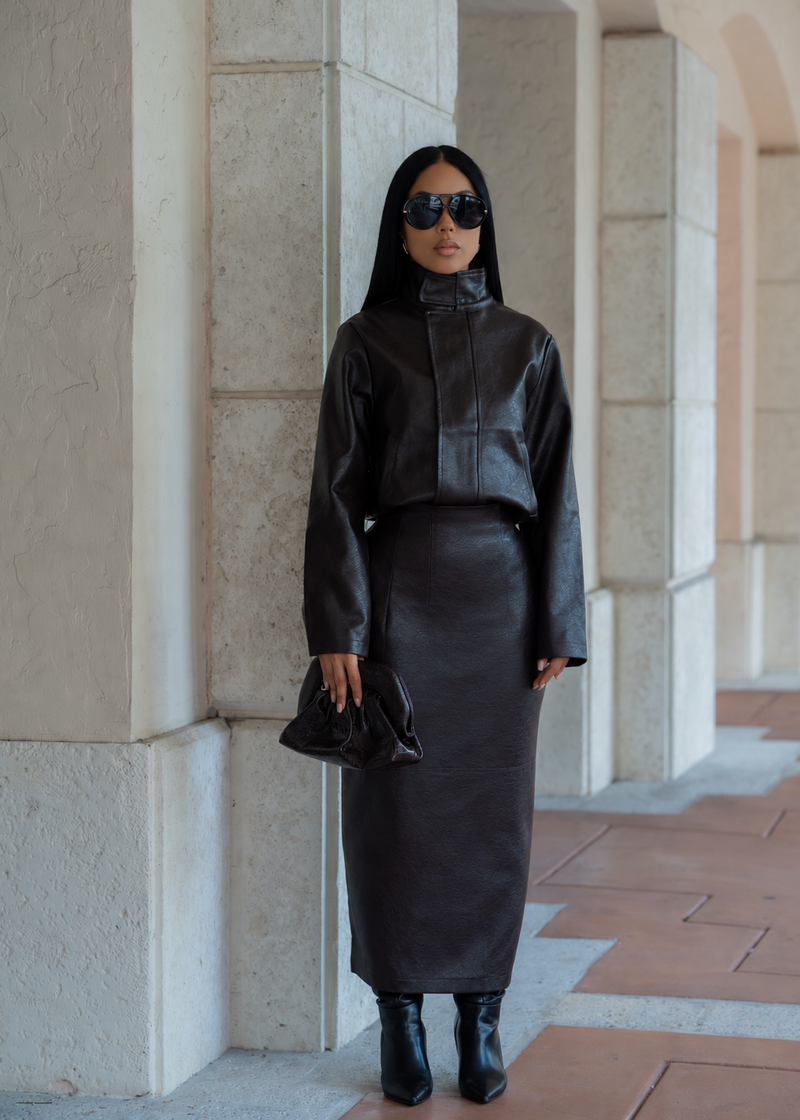 Modern Icon Funnel Neck Leather Skirt Set Brown