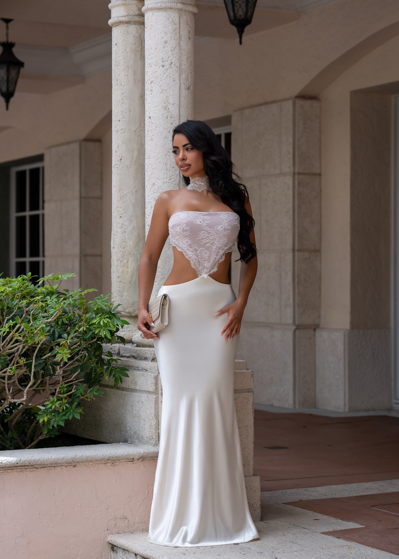 Let’s Getaway Slinky Lace Maxi Dress Nude