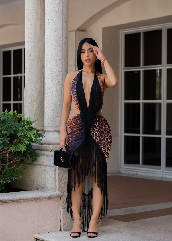 Kissed by Temptation Leopard  Ruched Midi Dress Brown