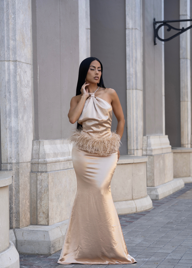 Moonlit Reverie Satin Rhinestone Maxi Dress Gold