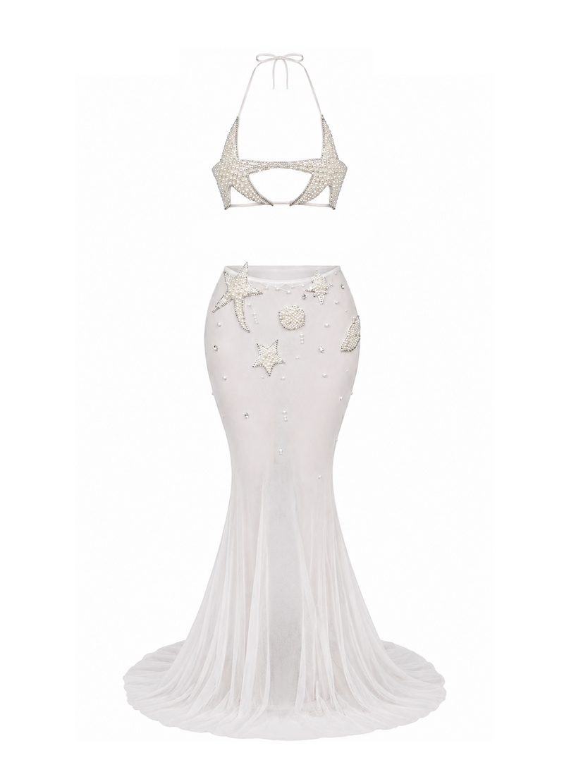 Siren’s Secret Mesh Pearls Skirt Set White