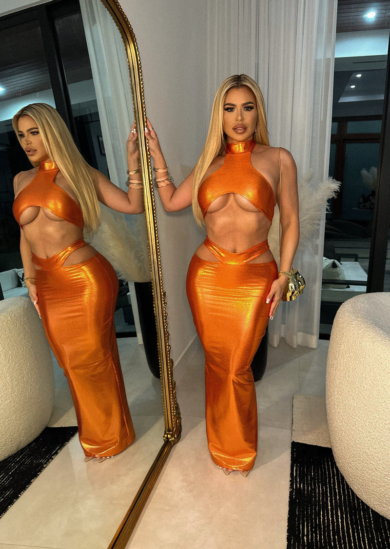 Mermaid Glamour Metallic Skirt Set Orange