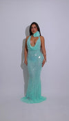 Ocean Siren Sequin Floral Mesh Maxi Dress Green