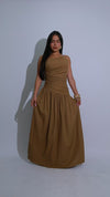 Solara Drape Linen Ruched Maxi Dress Brown