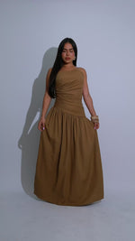 Solara Drape Linen Ruched Maxi Dress Brown