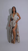 Painted Mirage Satin Ruched Maxi Dress Nude