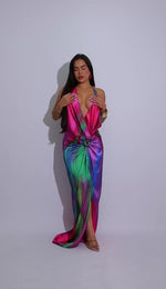 Cosmic Drape Satin Ruched Maxi Dress Purple