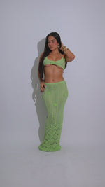 Rosé Knit Floral Crochet Skirt Set Green