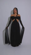 Enchanted Veil Ruched Mesh Maxi Dress Black