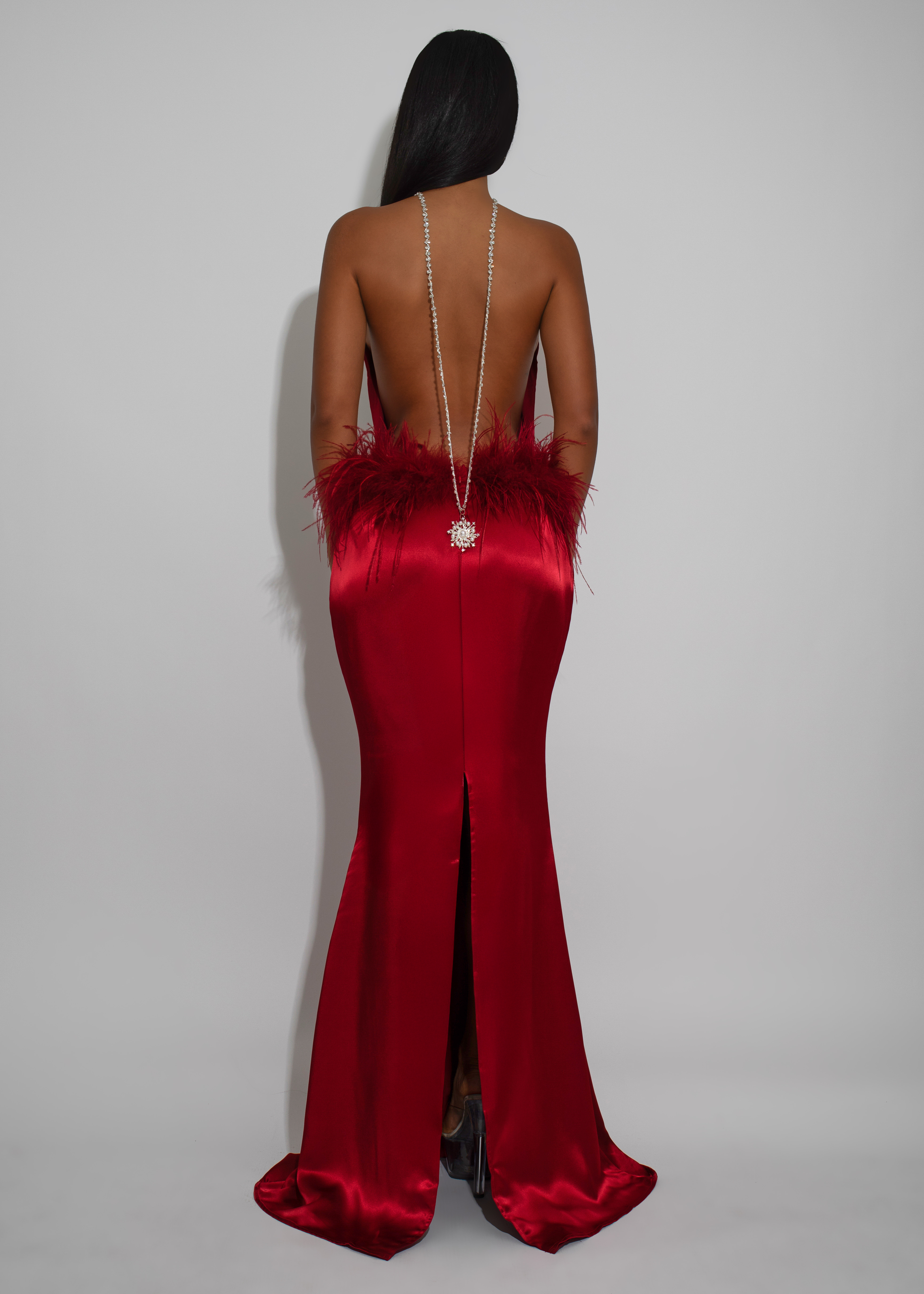 Moonlit Reverie Satin Rhinestone Maxi Dress Red