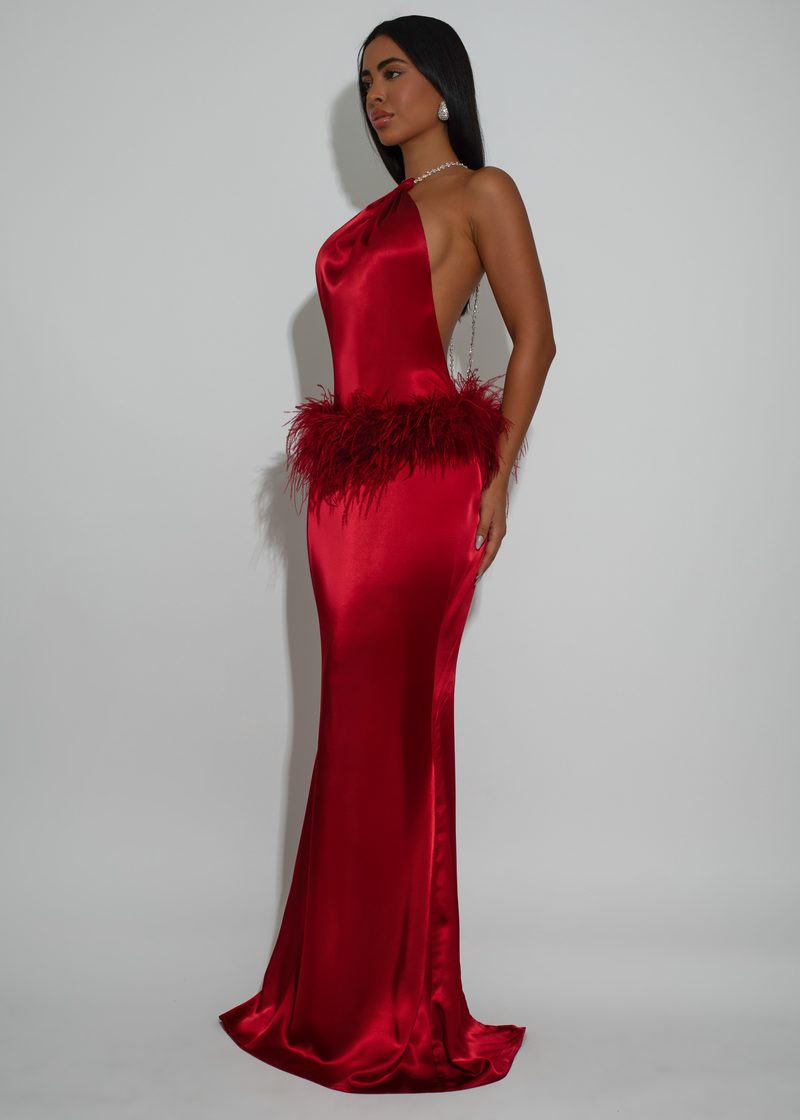 Moonlit Reverie Satin Rhinestone Maxi Dress Red