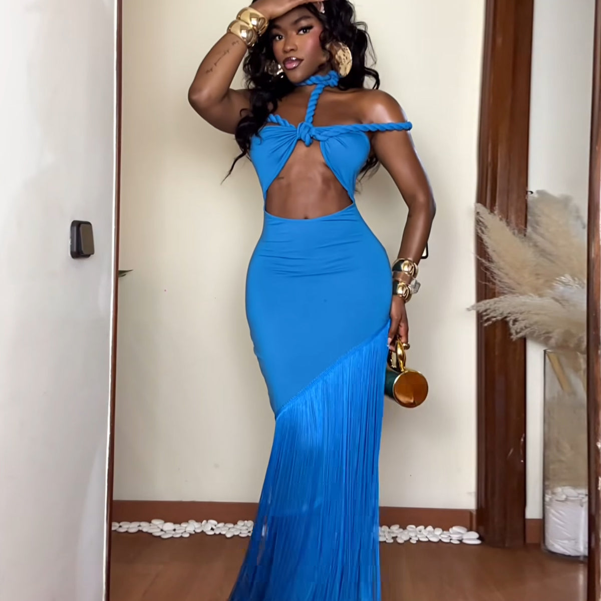 Coastal Rhythm Fringes Maxi Dress Blue