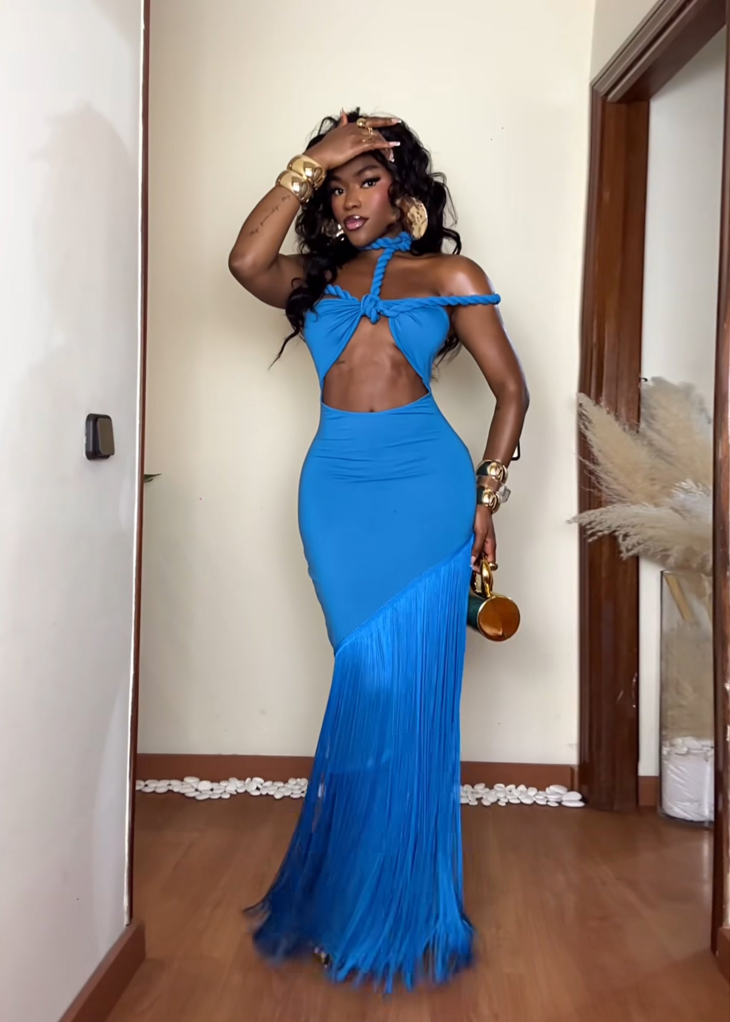 Coastal Rhythm Fringes Maxi Dress Blue