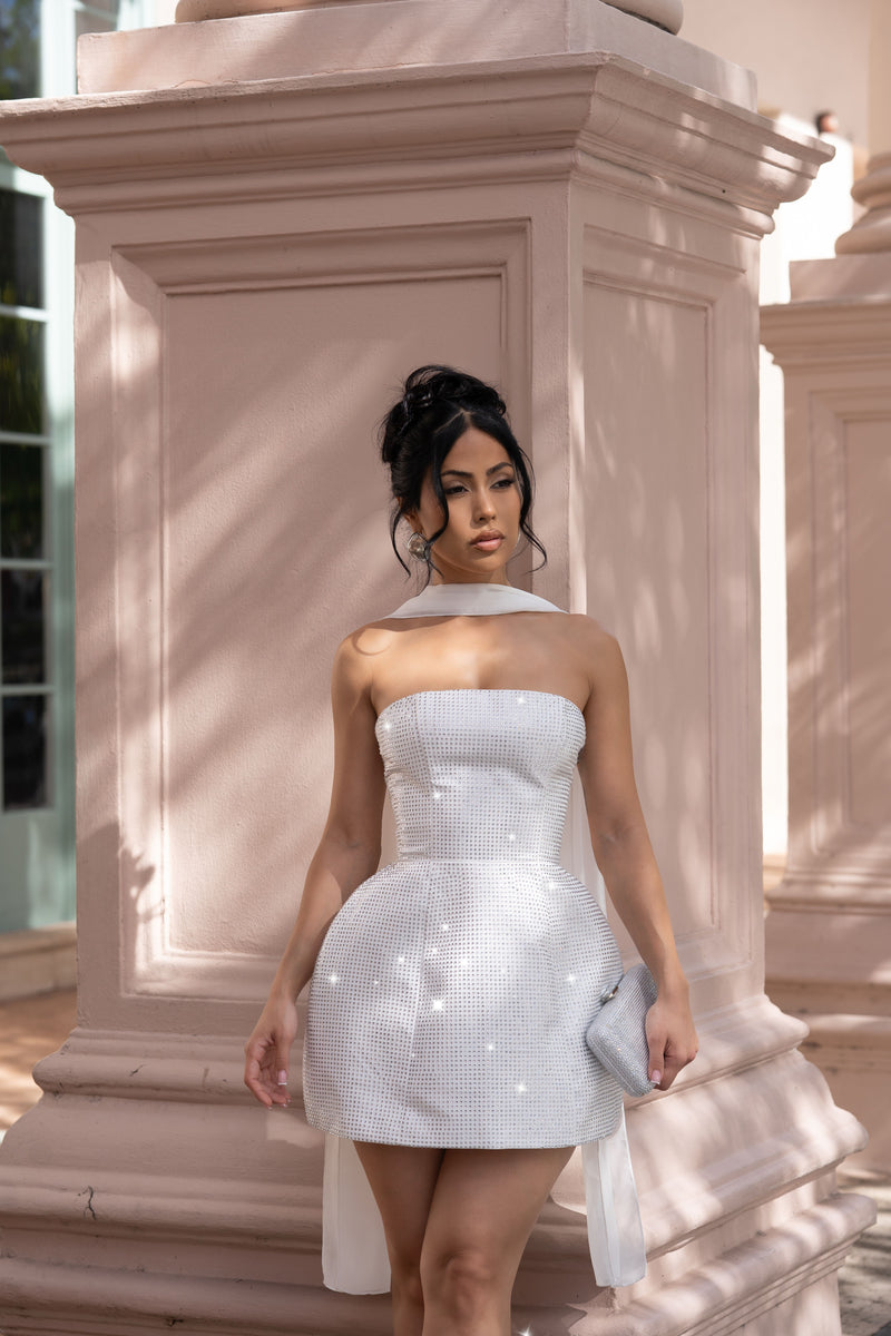 Lustre Affair Structured Rhinestone Mini Dress White