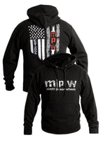 MPW Hoodie Black - Side view of the black hoodie showcasing the adjustable drawstring hood