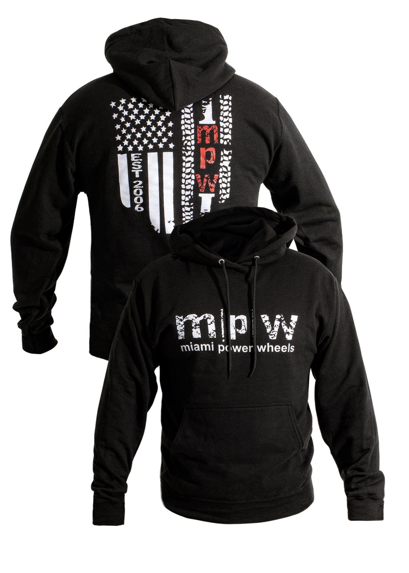 MPW Hoodie Black - Side view of the black hoodie showcasing the adjustable drawstring hood
