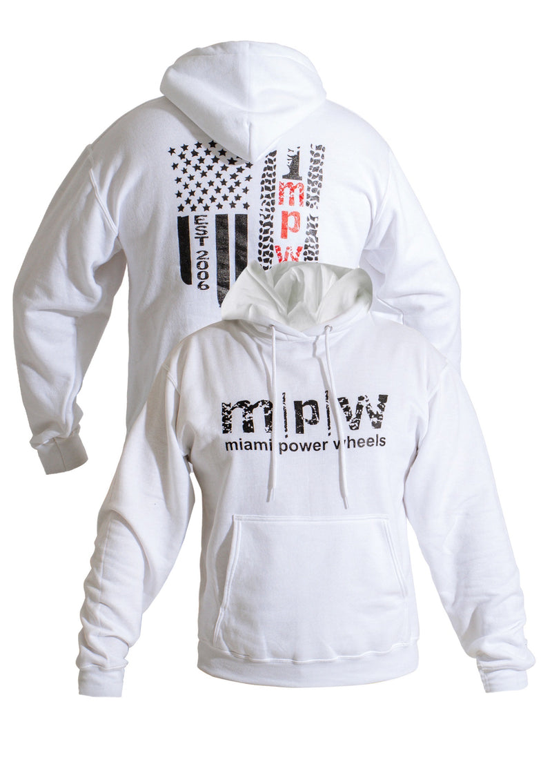 High-quality white MPW hoodie with a comfortable fit and stylish design