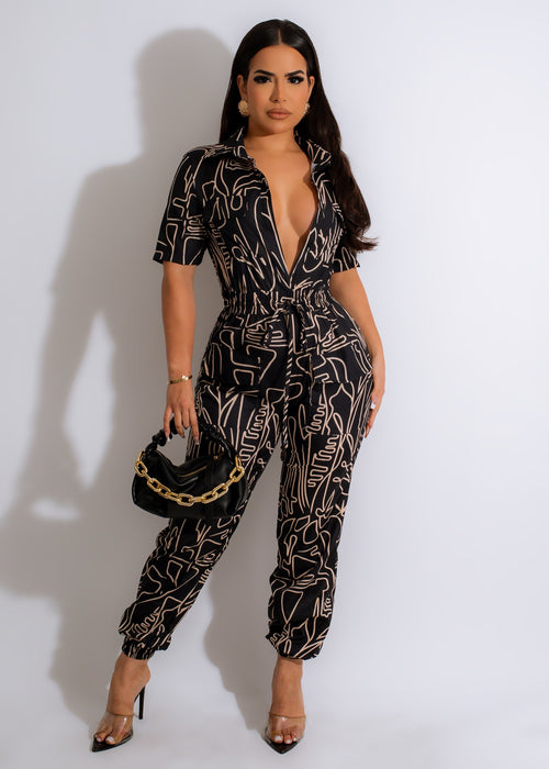 Nazca Lines Jumpsuit in deep navy blue with geometric patterns