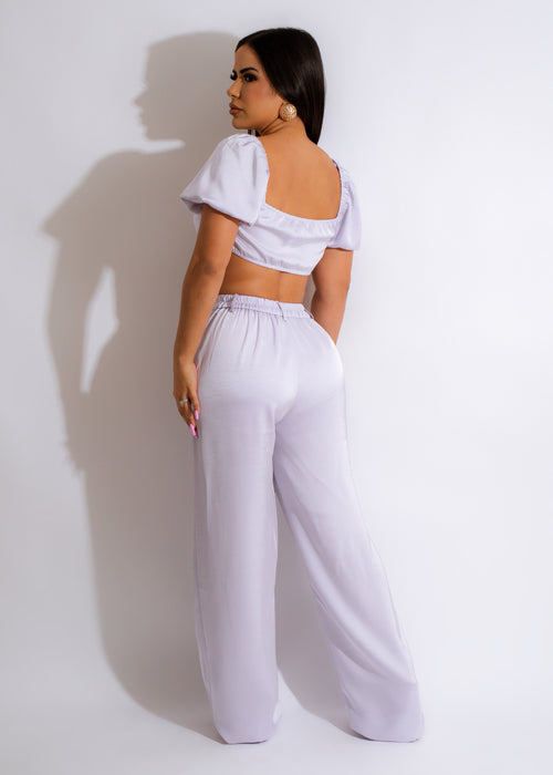So High Satin Pant Set in the color purple, a luxurious and elegant loungewear ensemble
