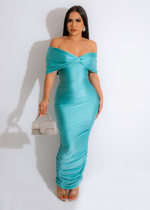 Keep Wishing Being Free Ruched Maxi Dress Blue is a flowy, elegant dress in a beautiful shade of blue, perfect for any occasion