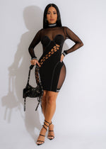 Dancing In The Dark Mesh Mini Dress in Black with Sheer Panels and Flared Sleeves, Perfect for a Night Out or Evening Event