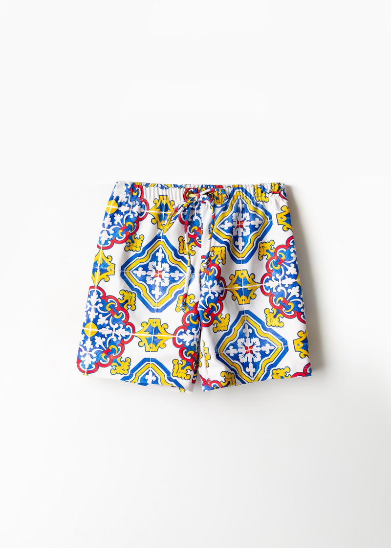 Colorful and vibrant Spanish tile patterned boys shorts for summer