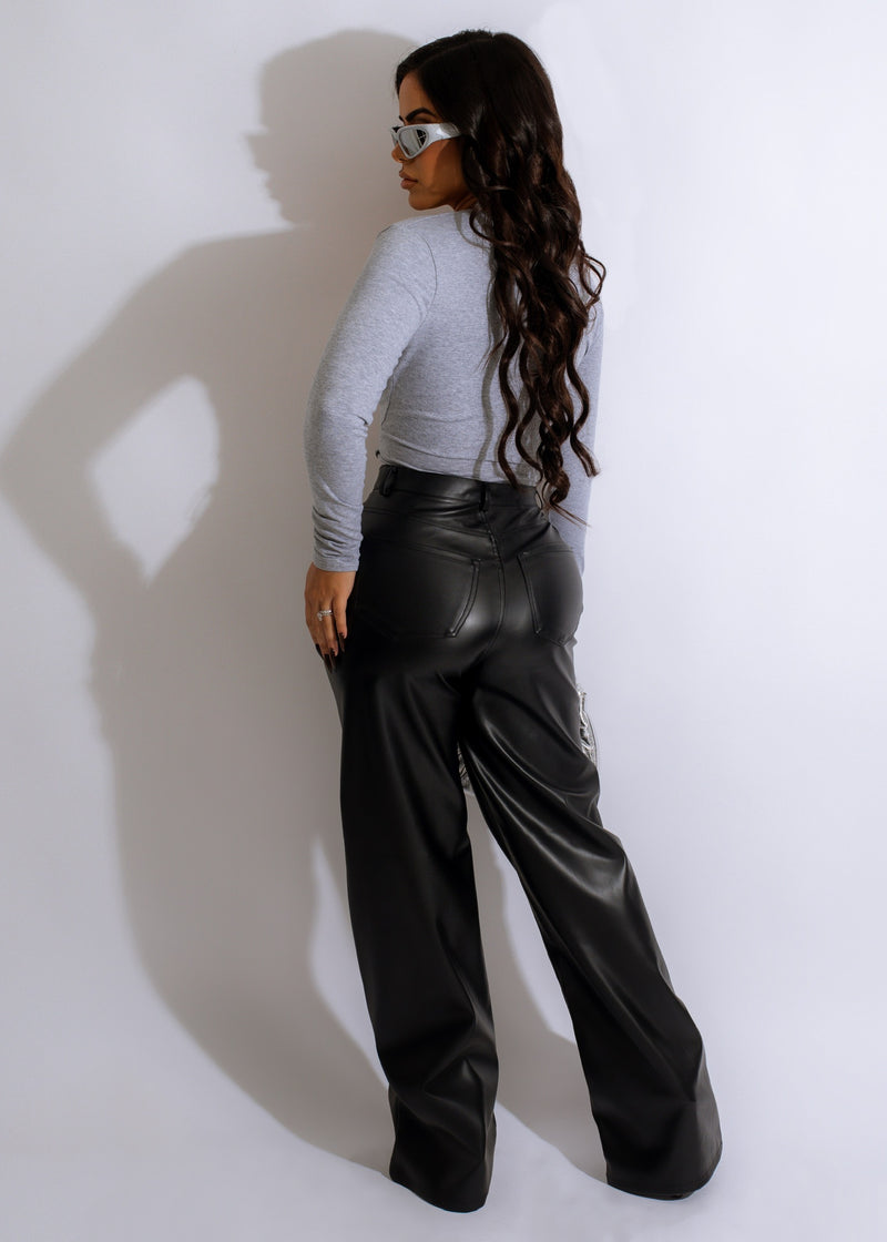 She Ready Faux Leather Wide Pants Black, back view, styled with heels and a blouse