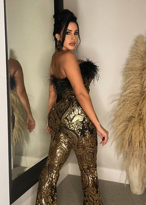 Party Night Feather Sequin Jumpsuit Gold