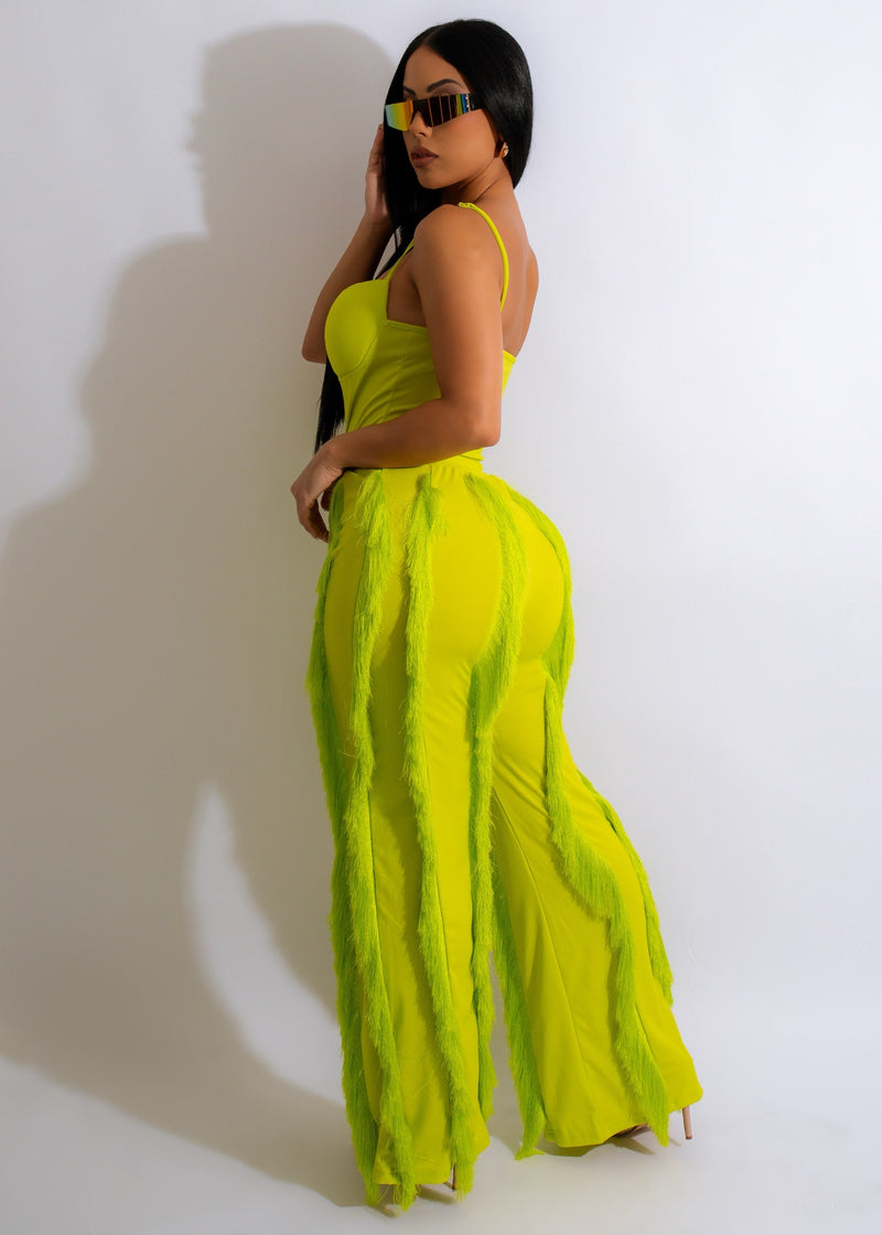 Feel Me Fringe Pant Set Lime Green