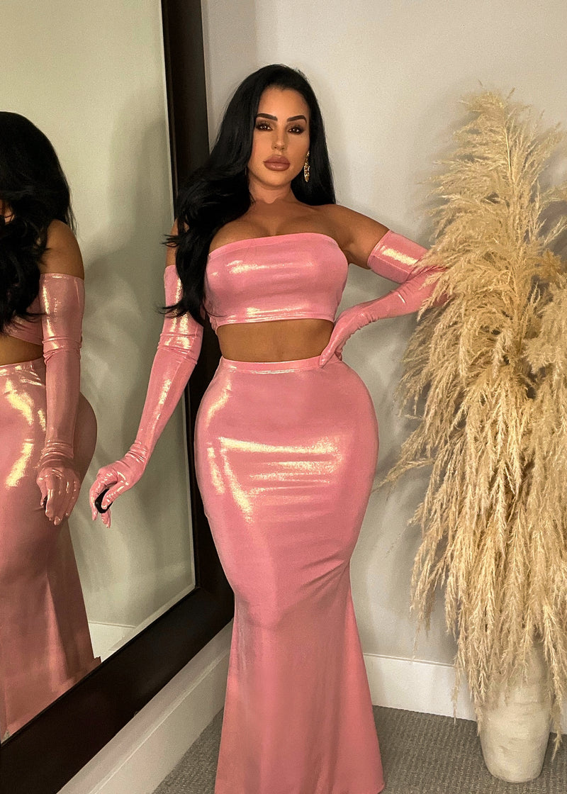 Everywhere Metallic Skirt Set Pink