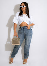 Good To You Jeans in dark wash with distressed details and frayed hem