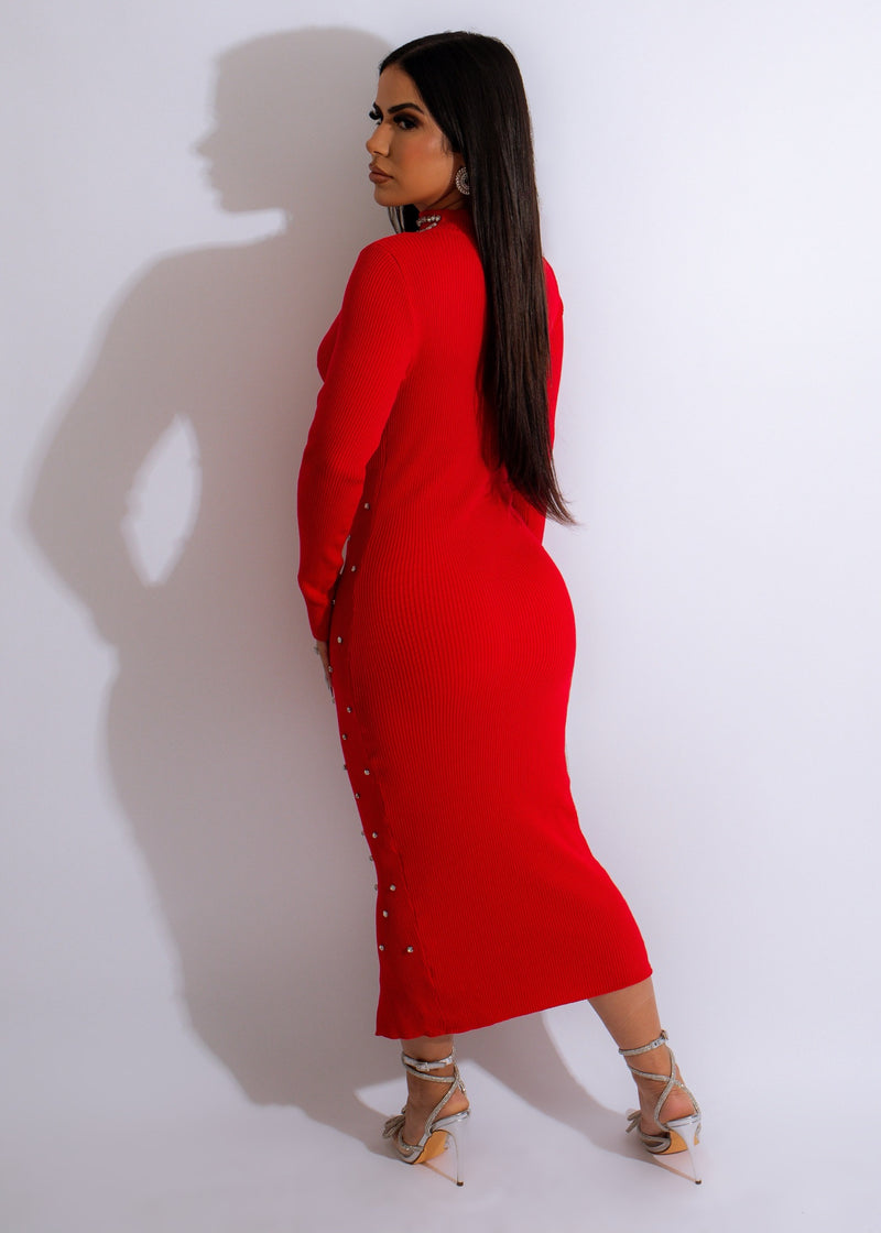 I Want To Shine Rhinestone Sweater Midi Dress Red