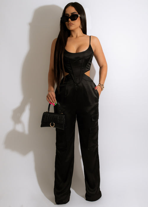 Stunning black satin jumpsuit featuring a flattering silhouette and elegant design